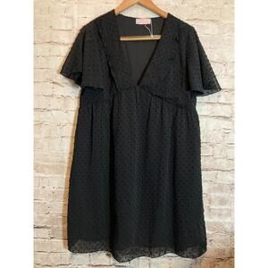 CDM Babydoll Dress Womens Large Black All Over Poms Flutter Sleeve Whimsigoth